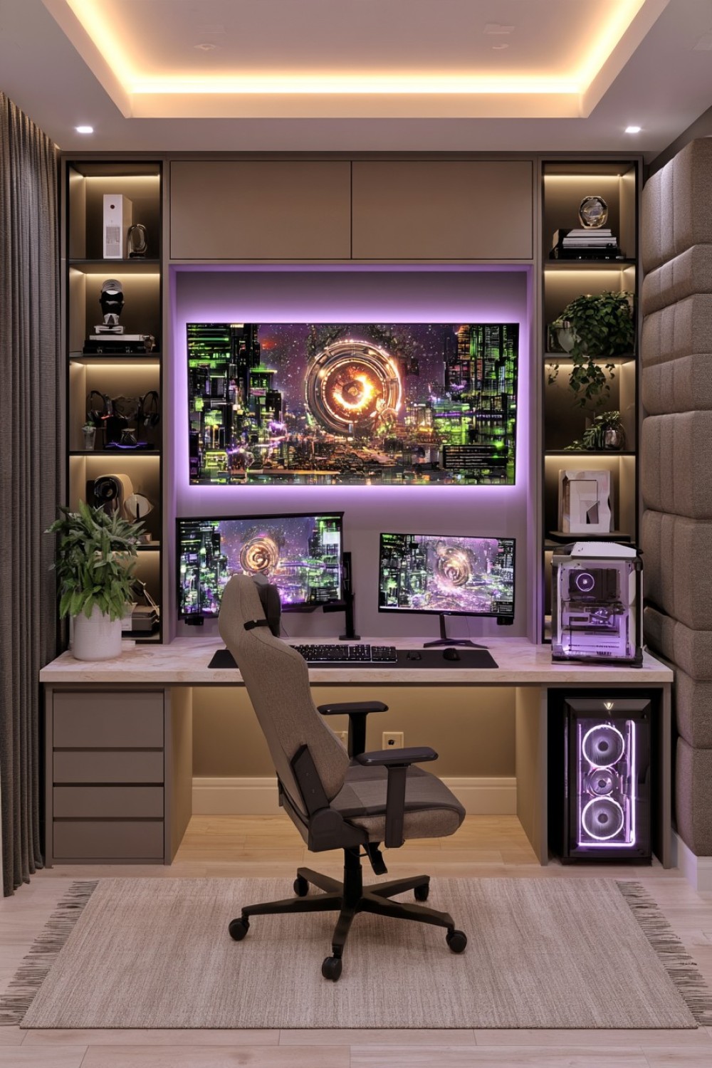 Minimal adult gaming room with a stone-look desktop