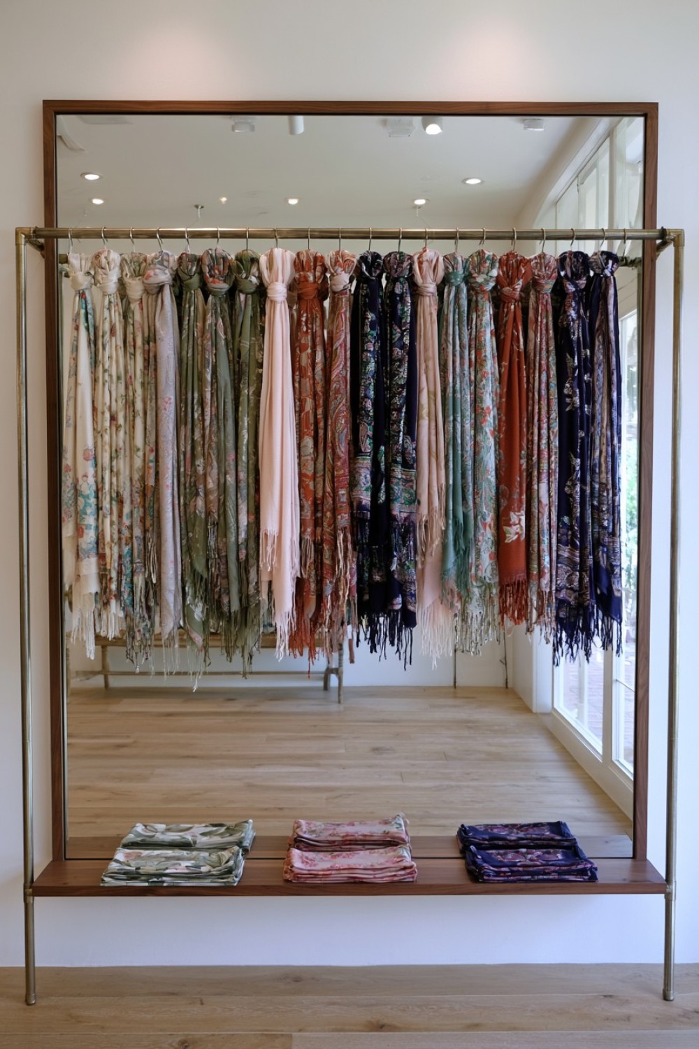 Boutique scarf styling bar with mirror and organized accessories