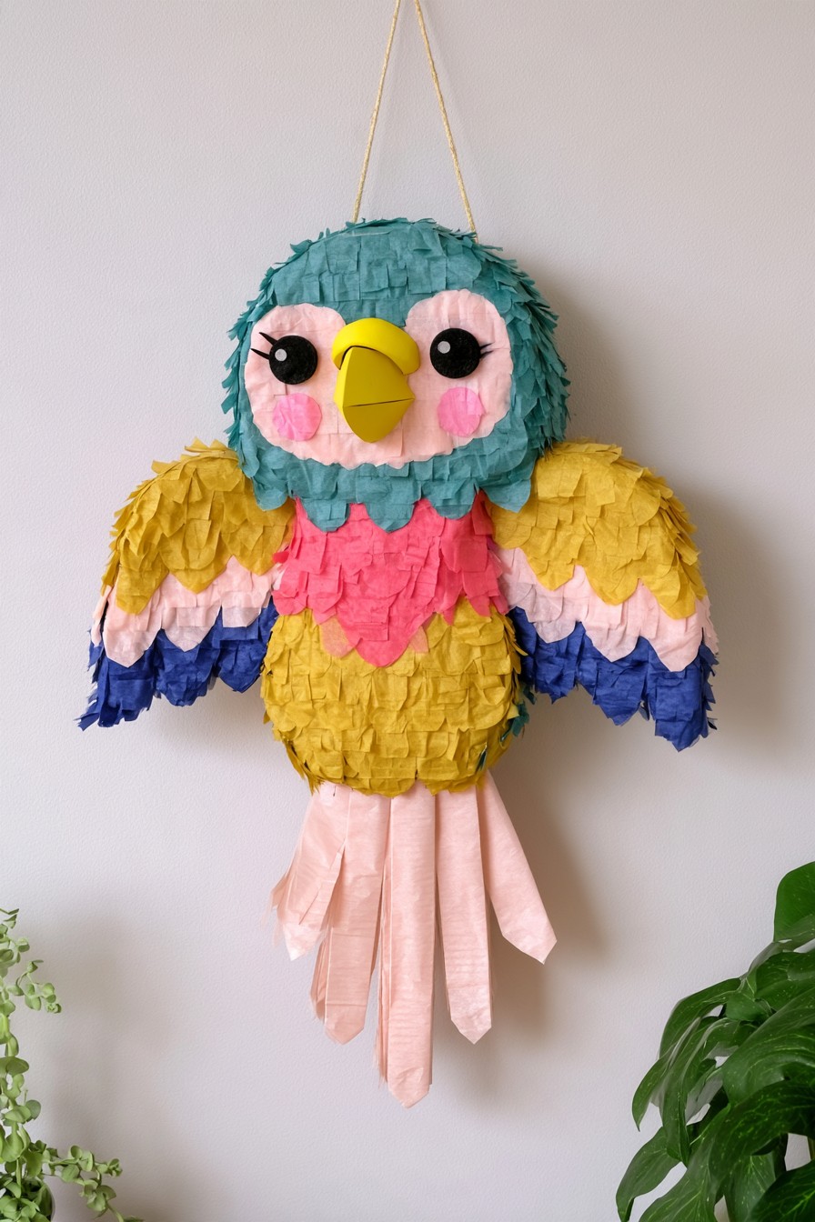 Colorful owl piñata with layered feather like tissue fringe