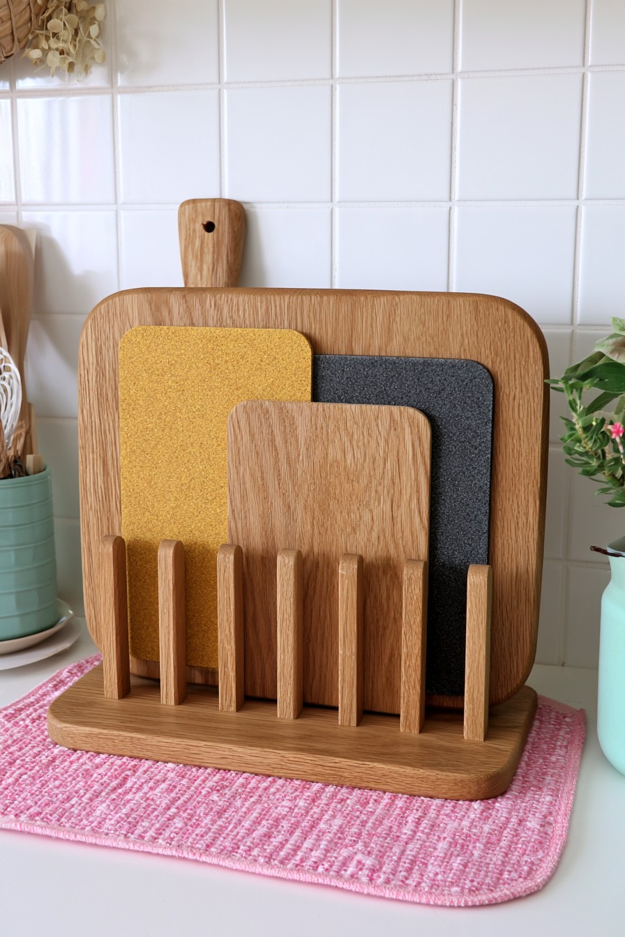 Wooden cutting board organizer with vertical dividers