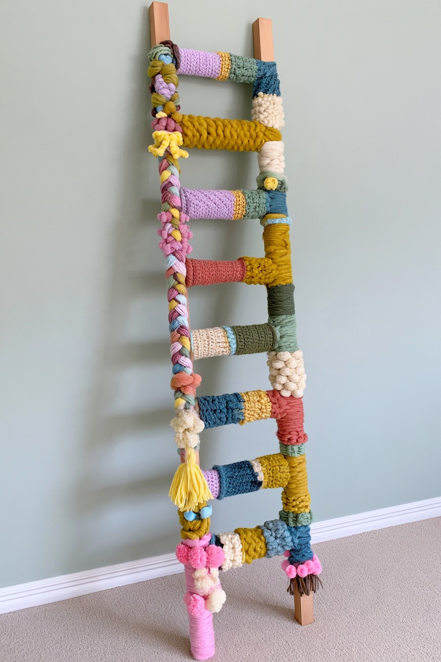 Decorative wooden ladder styled with mixed yarn textures