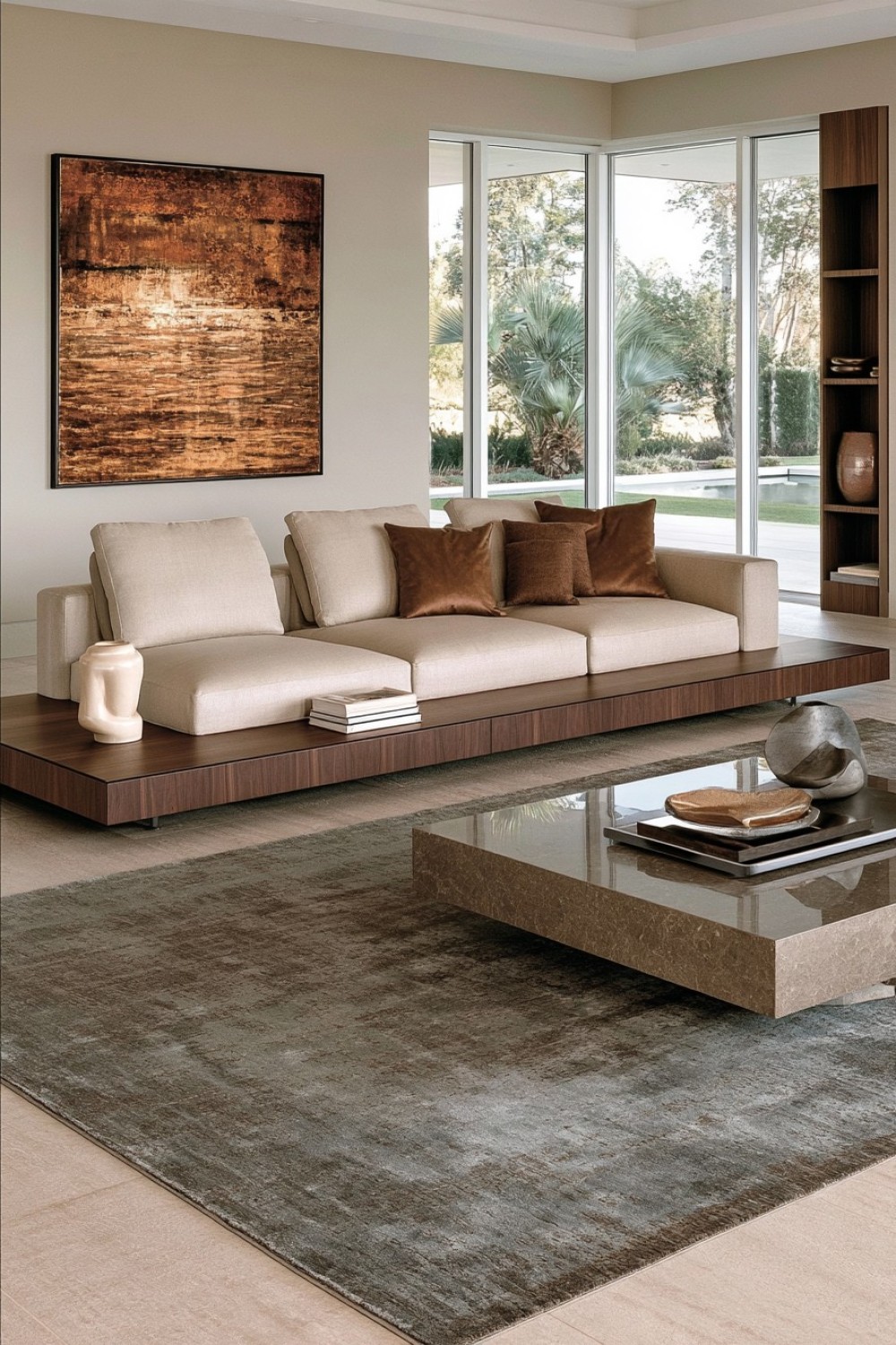 Contemporary sofa designed with an integrated wooden side platform