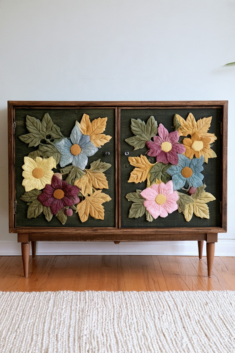 Dark wood cabinet with olive painted doors and dimensional floral decoration