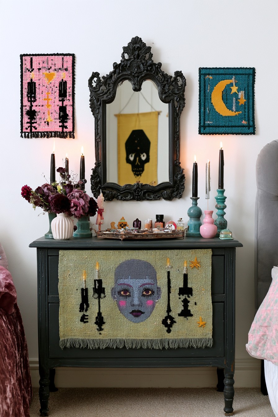 Dark bedroom dresser with an ornate black mirror, pink and teal wall textiles, flowers, and a green decorative front textile