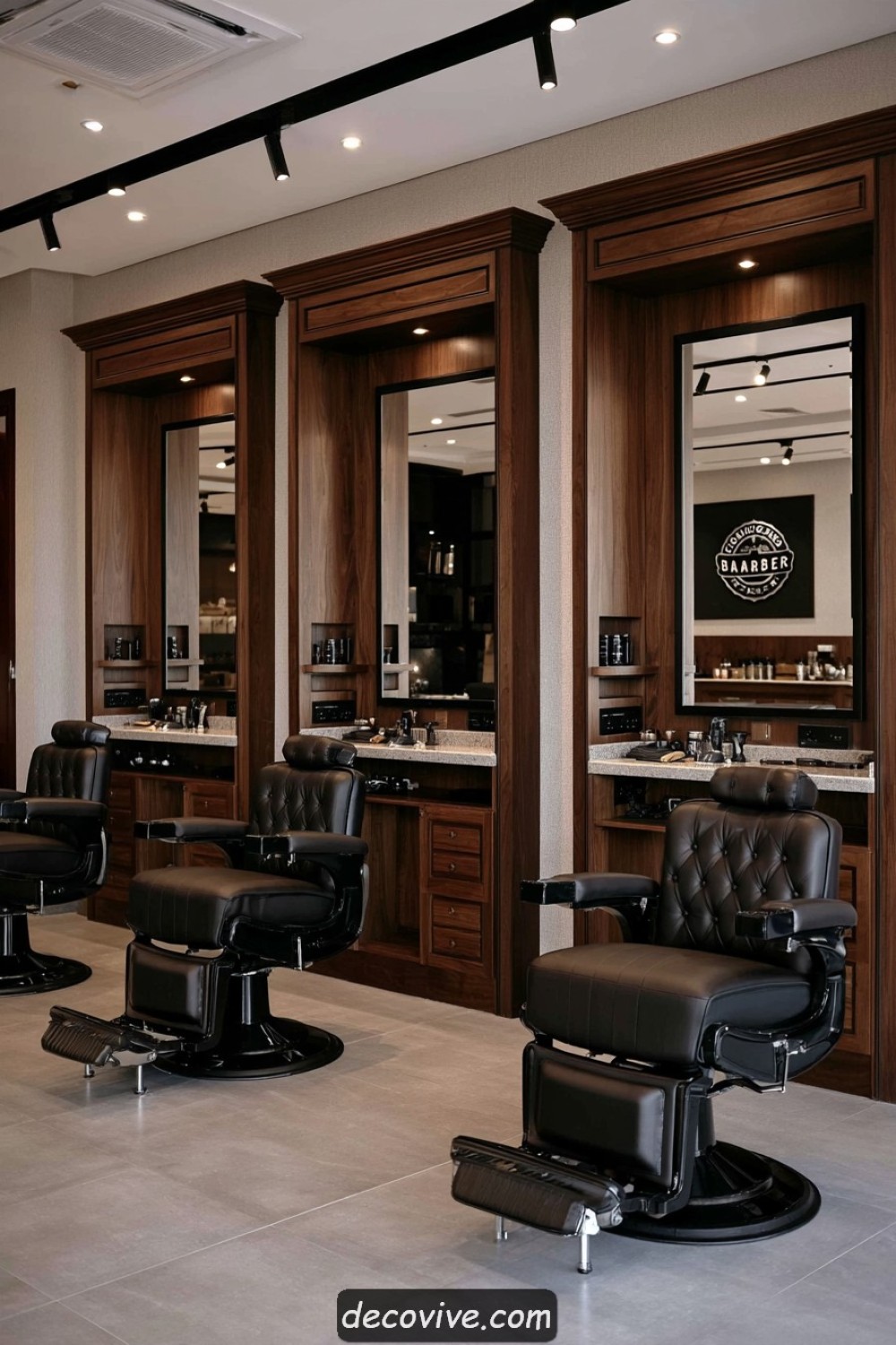 Individual barber stations built into warm walnut wall niches