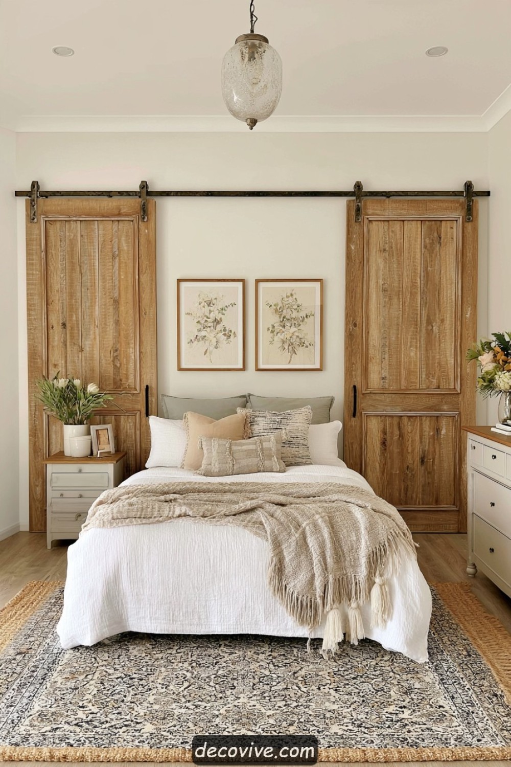 Sliding barn-style doors concealing a farmhouse bedroom wardrobe