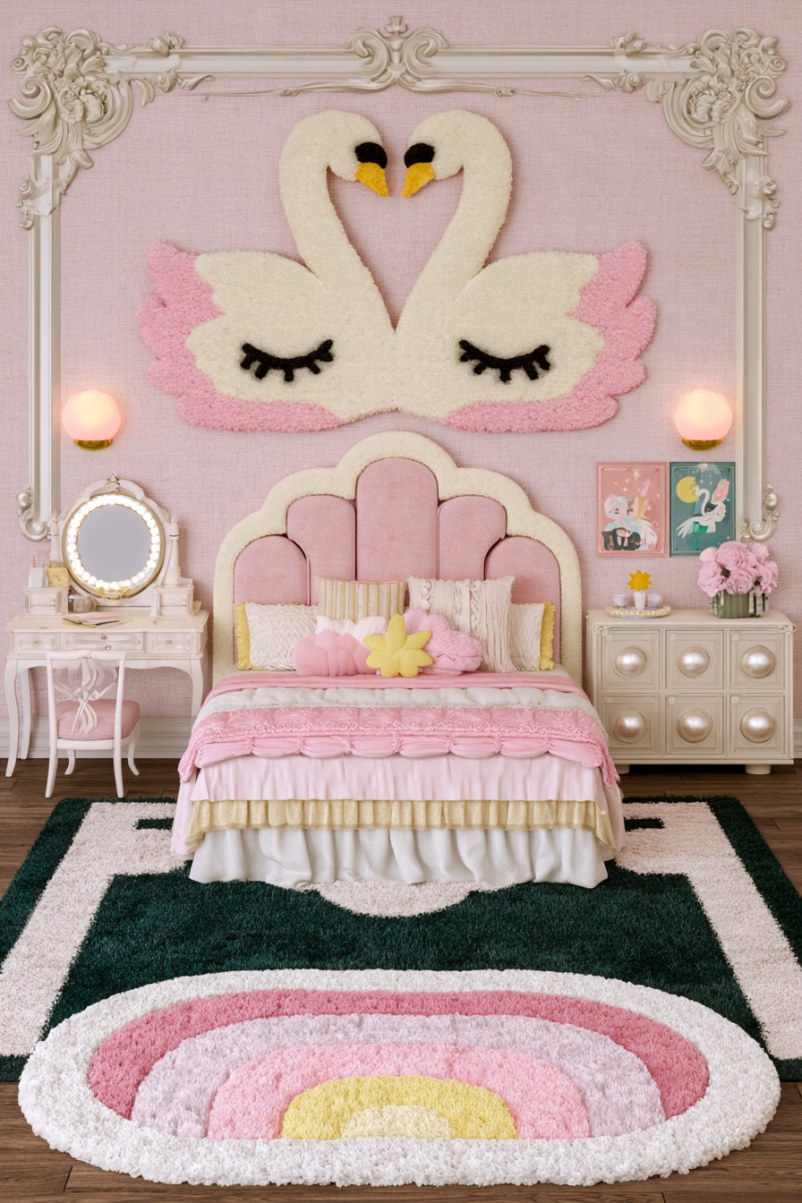 Swan Lake princess bedroom with pink and ivory decoration
