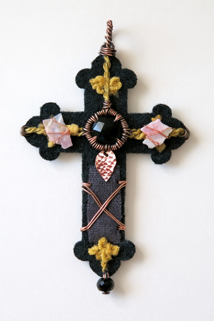 Gothic textile cross with wrapped stone and copper details