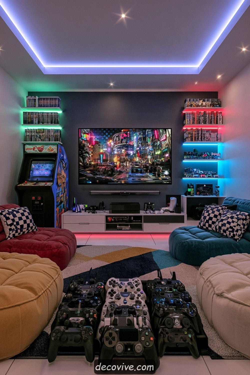 Retro arcade-inspired gaming lounge with controlled decoration