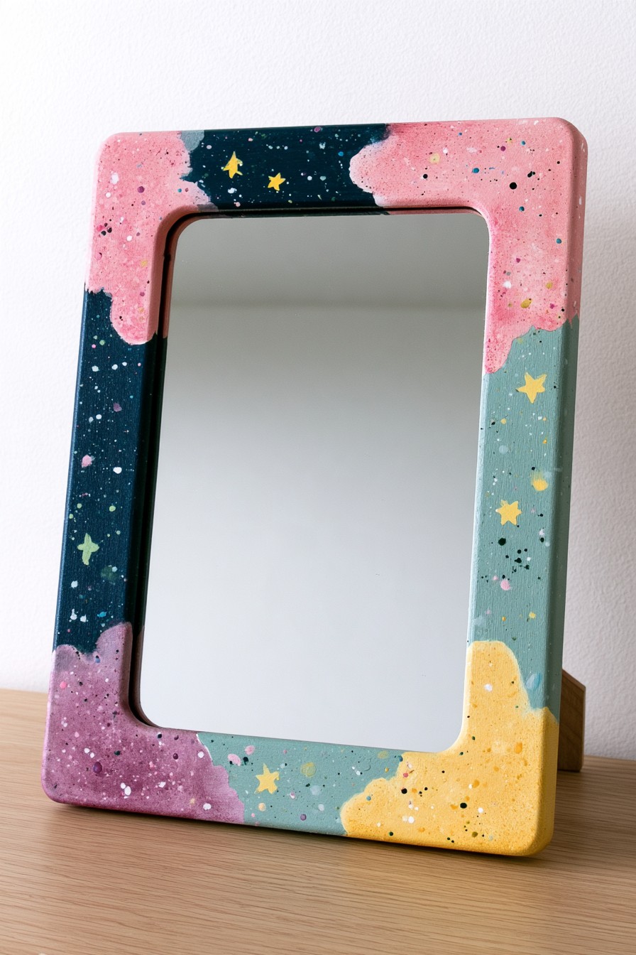 Painted mirror frame with dusty pink navy teal lavender yellow and star details