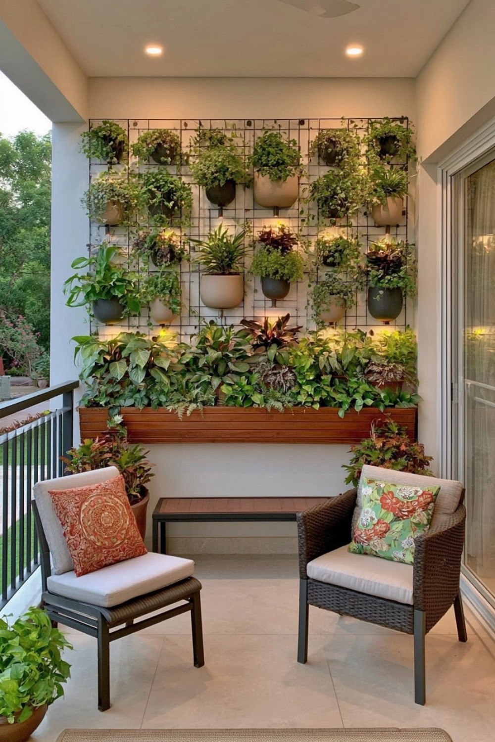 Layered balcony plant wall with staggered containers
