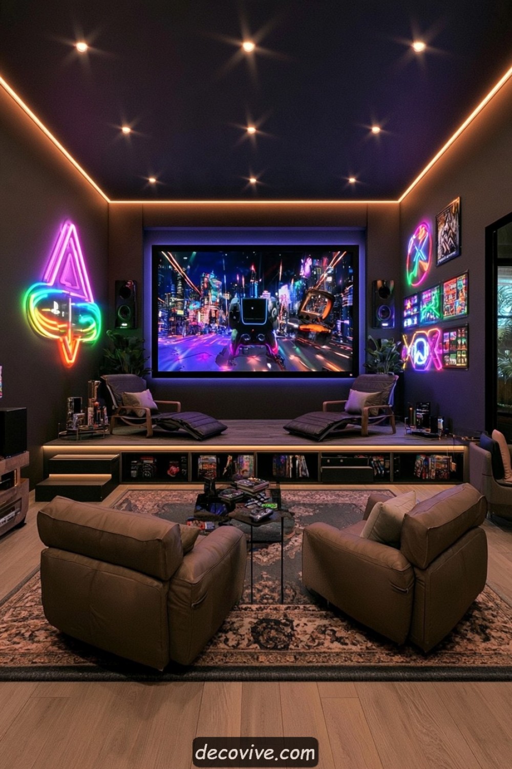 Raised gaming room seating platform designed for improved screen visibility