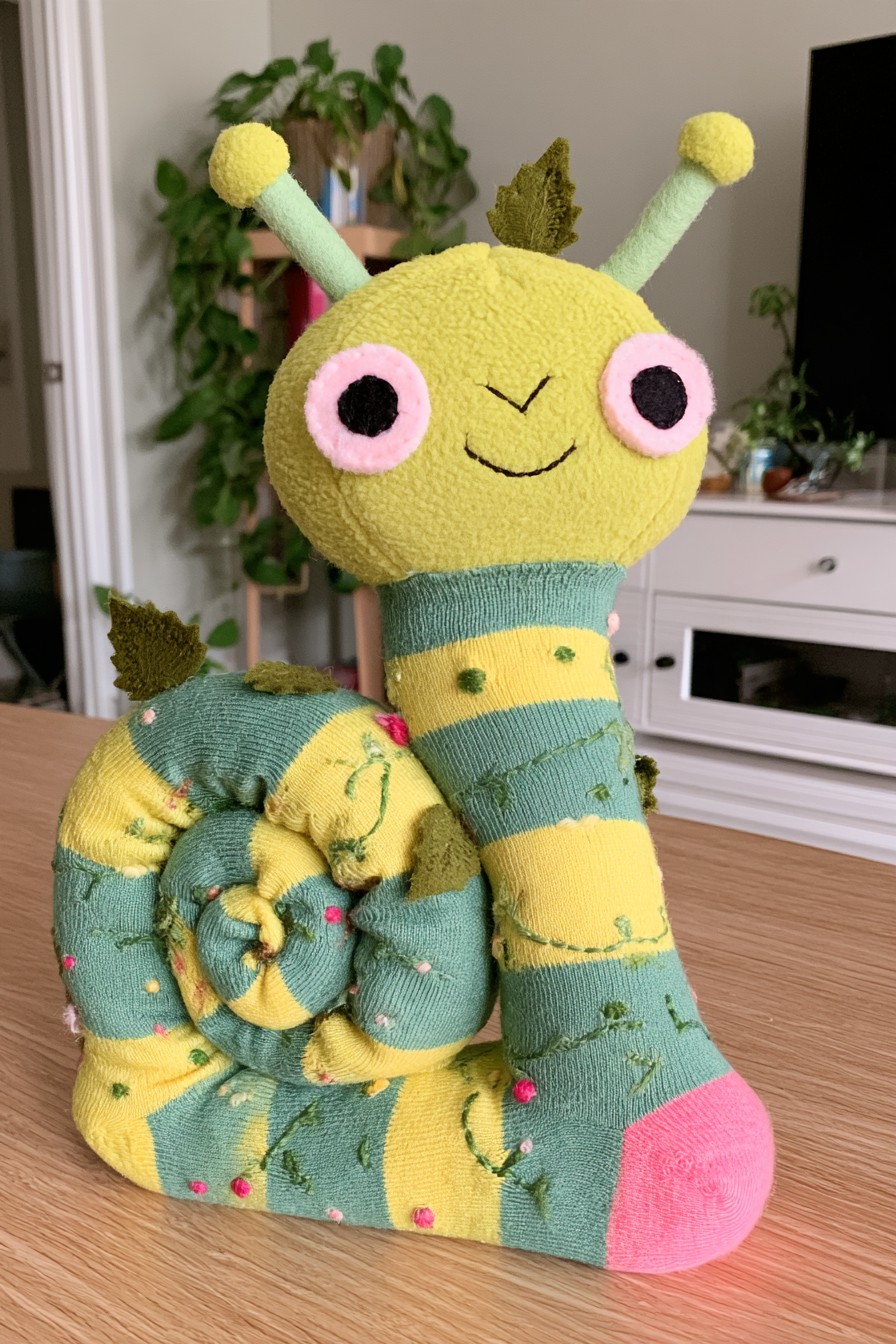 Green and yellow snail character with a thick coiled shell, rounded antennae and leafy details