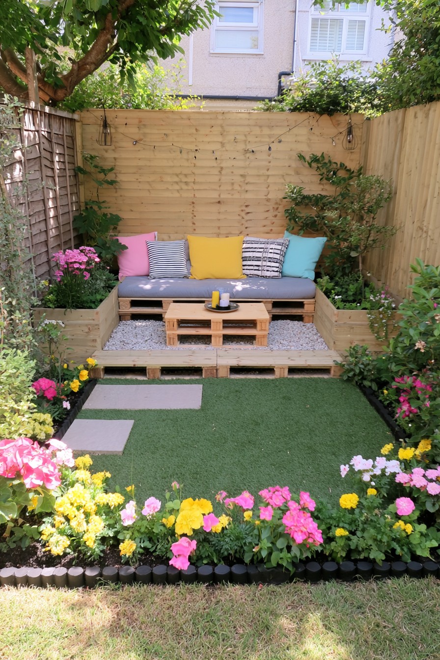 Raised pallet courtyard seating with integrated planter boxes