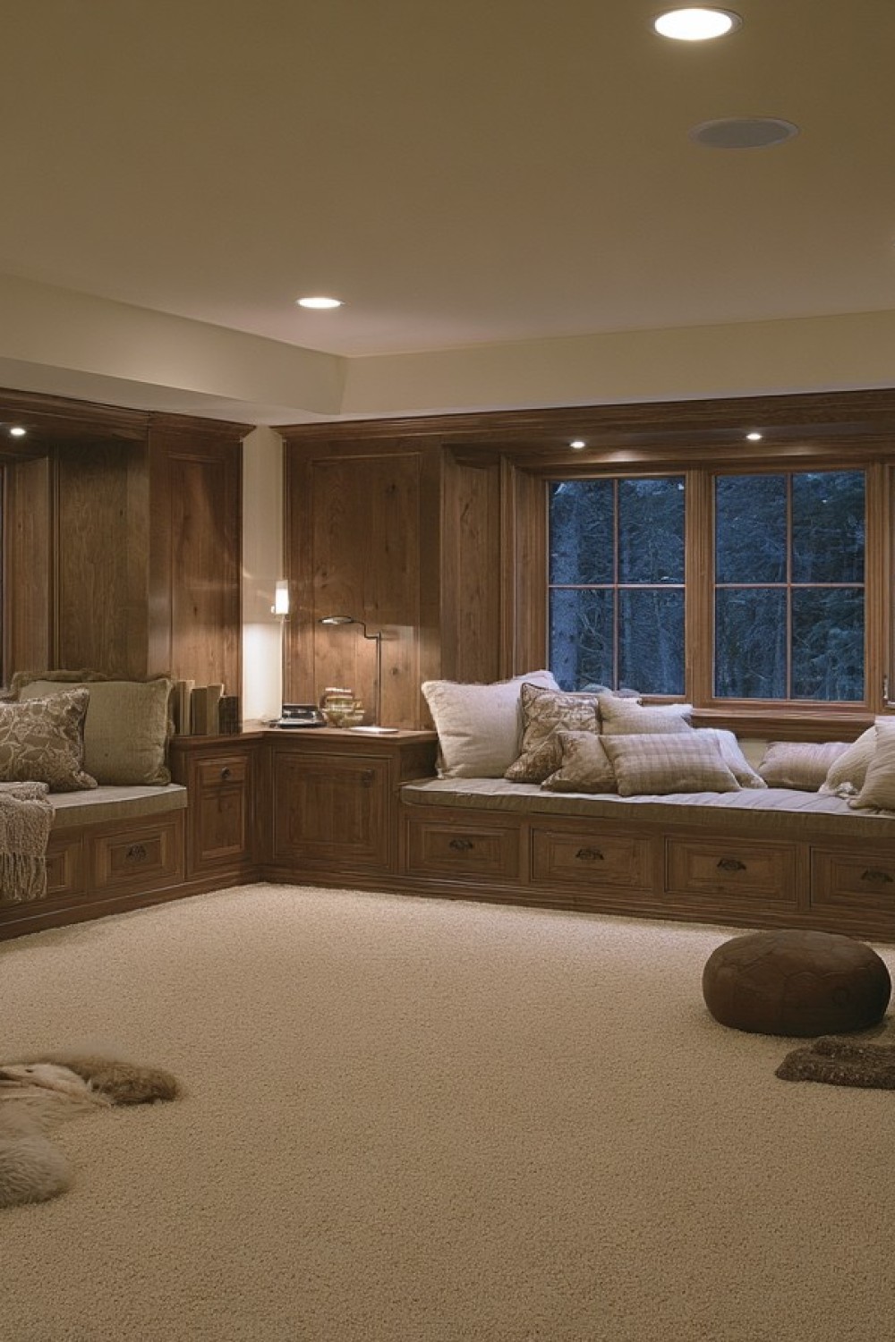 Built-in basement window bench with concealed storage