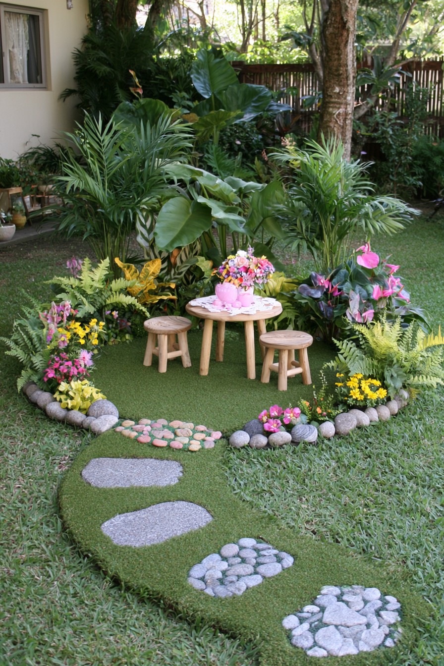 Small outdoor tea table enclosed by lush tropical garden planting
