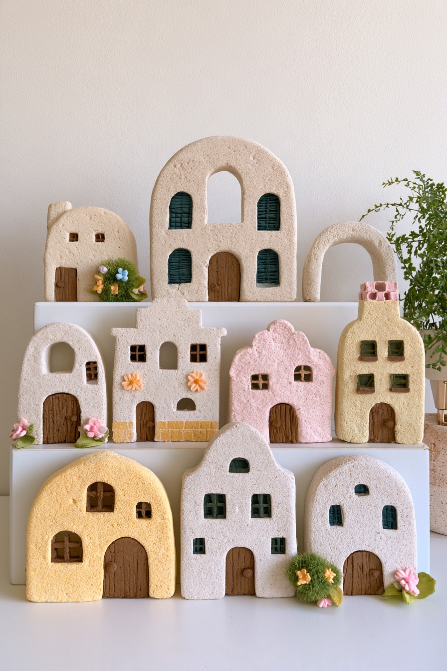 Collection of miniature colorful air dry clay houses