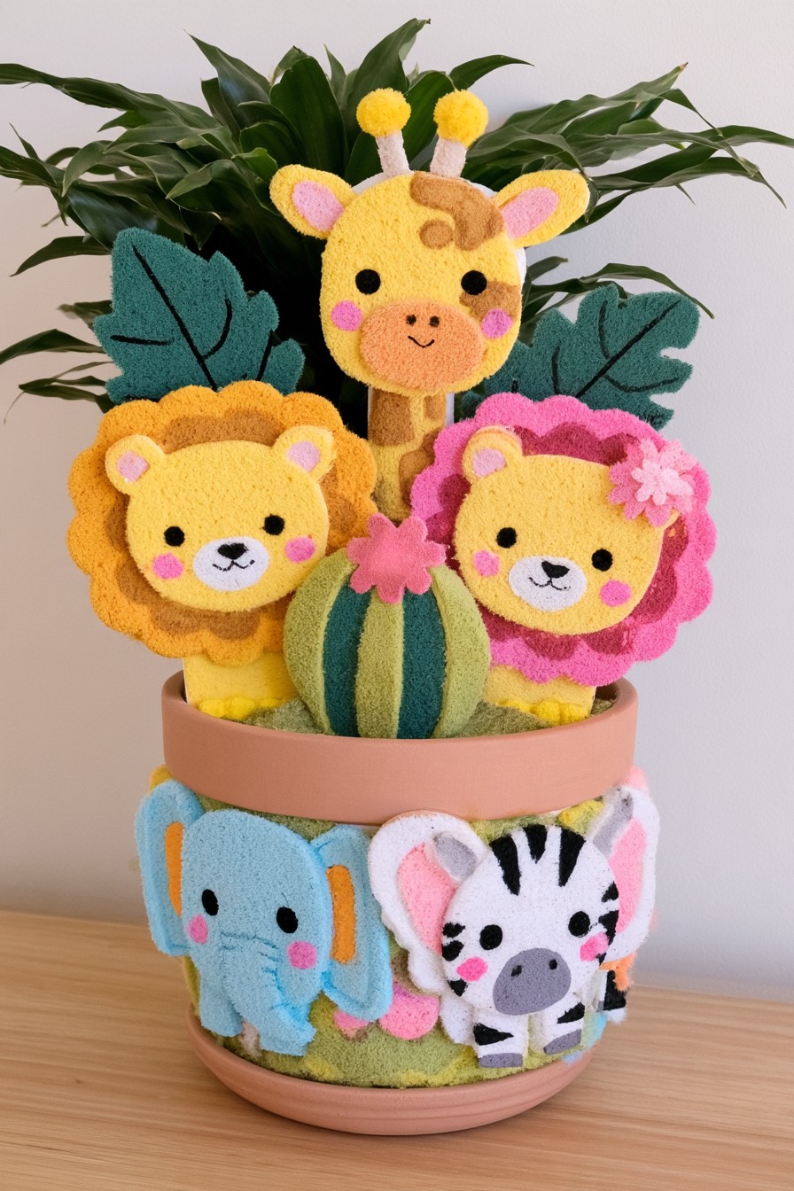 Recycled classroom garden display with handmade animal and flower shapes