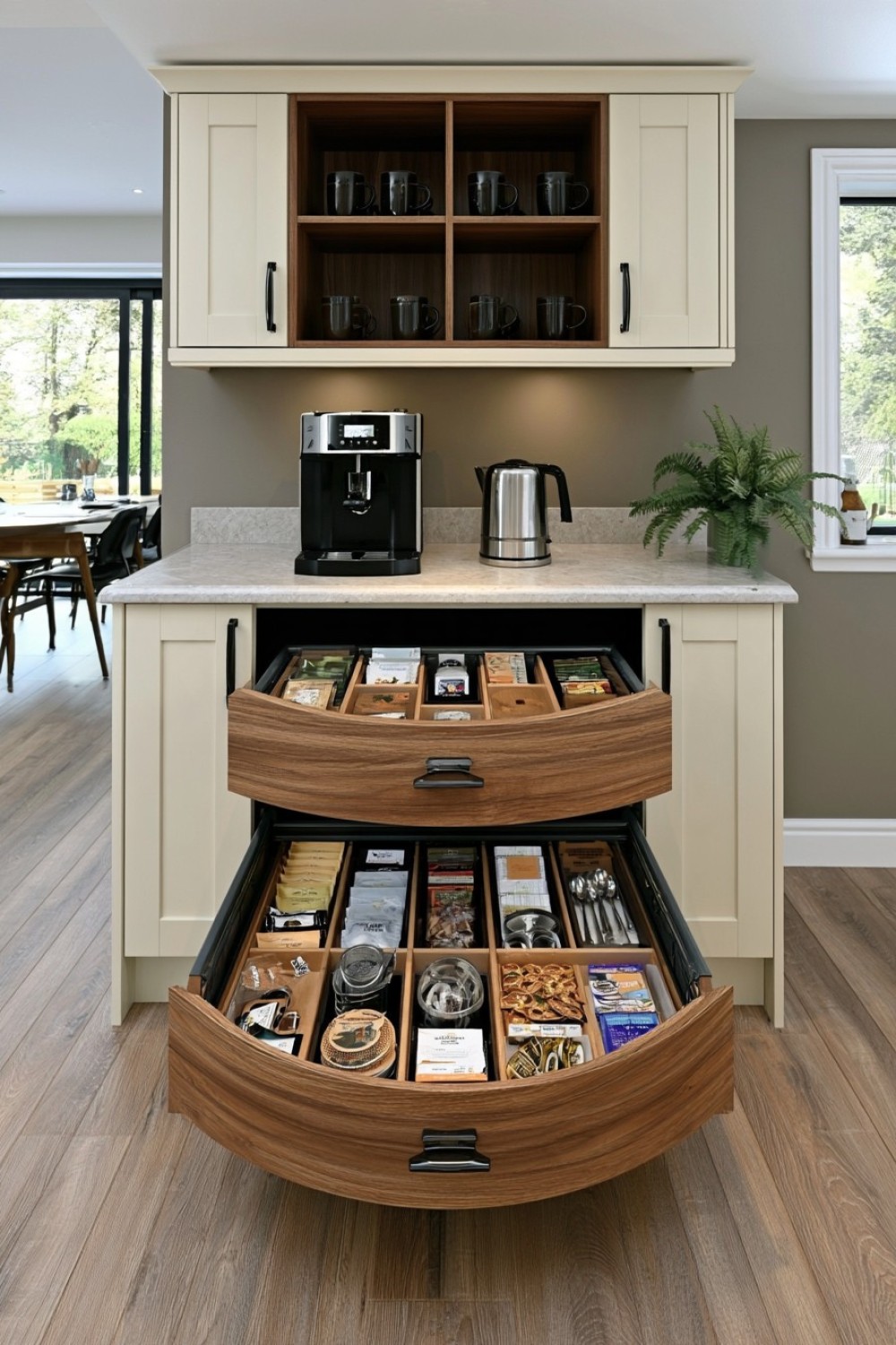 Coffee and tea drawer positioned beneath a kitchen beverage station