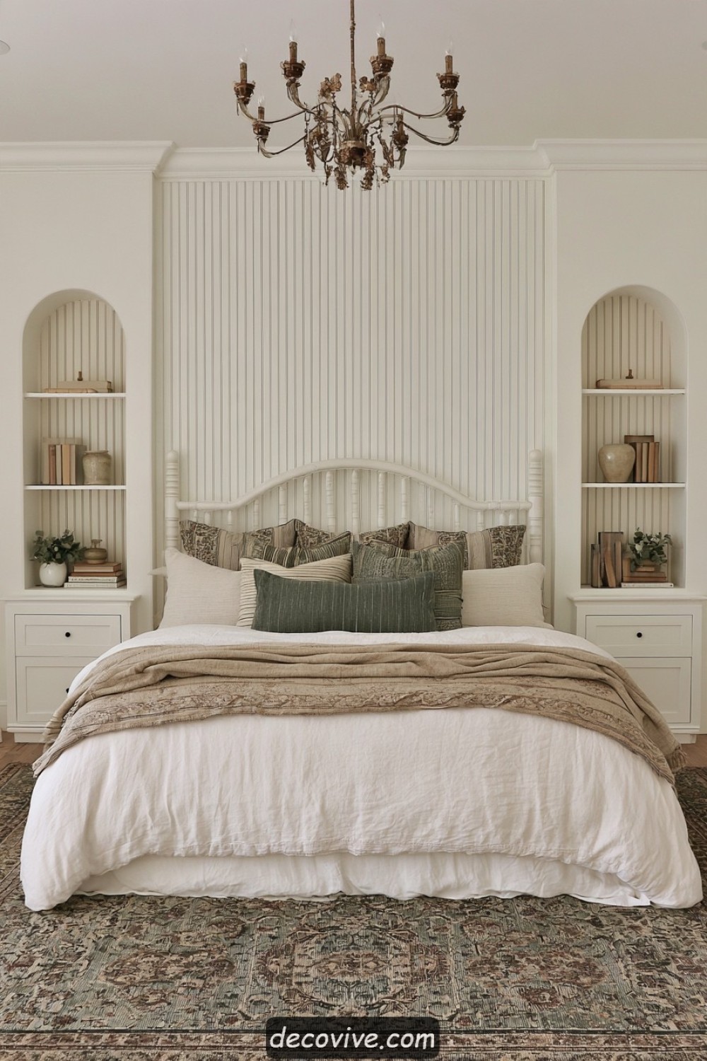 Beadboard bedside niches replacing traditional farmhouse nightstands