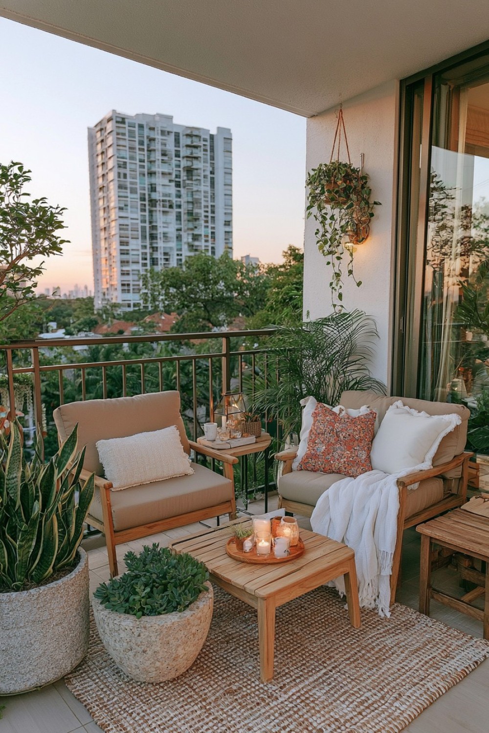 Soft minimalist apartment balcony with tonal outdoor materials