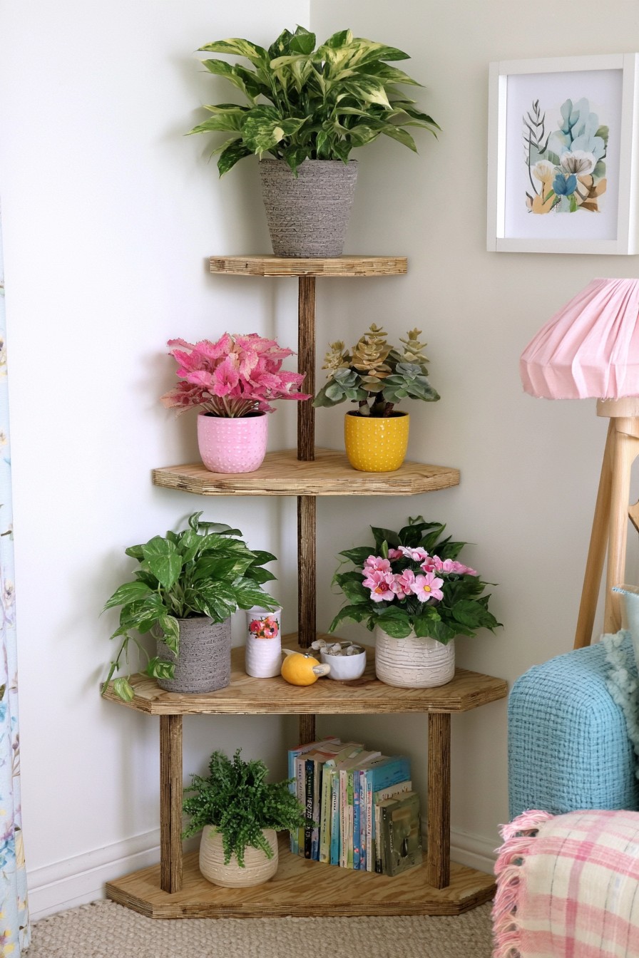 Tiered wooden corner plant stand with triangular shelves
