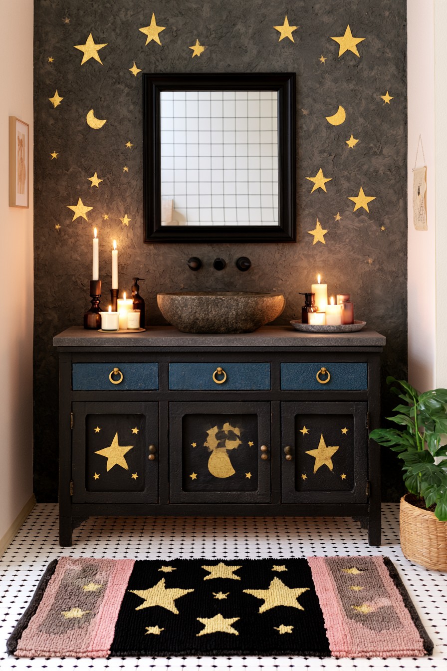 Dark drawer fronts with gold star motifs and ring pulls