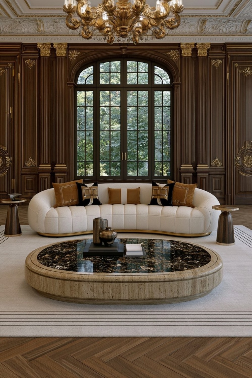 Curved luxury sofa paired with a monolithic stone coffee table