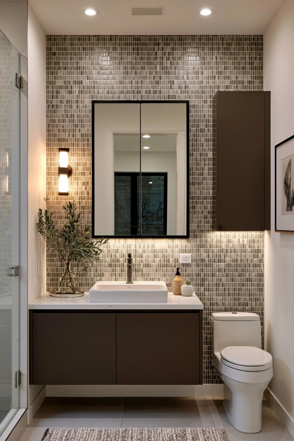 Small bathroom sink wall organized with layered storage