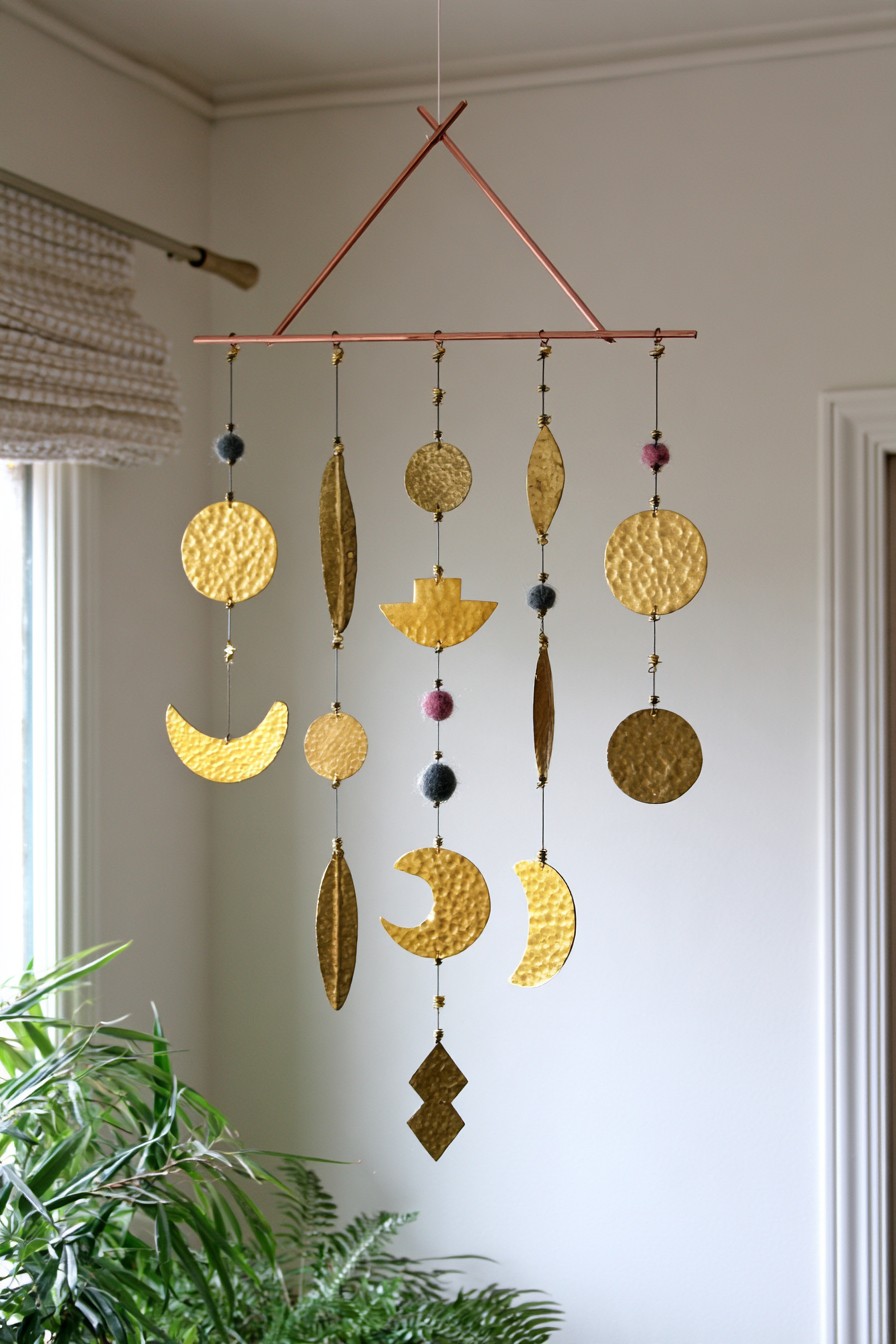 Handmade copper hanging mobile with hammered brass geometric charms