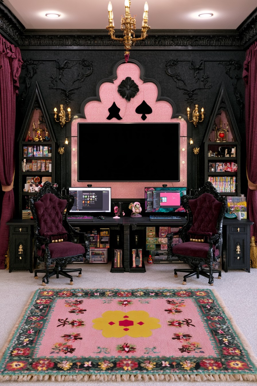 Gothic gaming wall with a pink scalloped television surround, pointed black bookcases, burgundy chairs, and a floral rug
