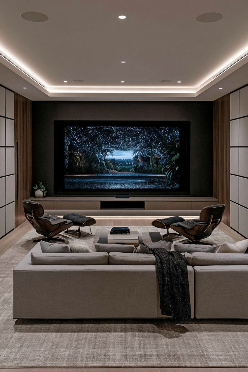 Minimal home theater designed for a narrow basement room