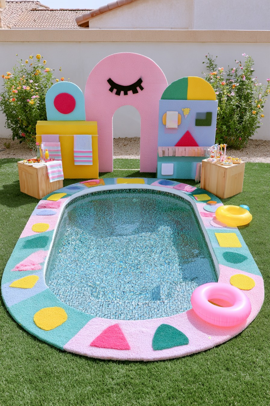 Oval pool with colorful geometric panels, a tall pink arch, and small side stands