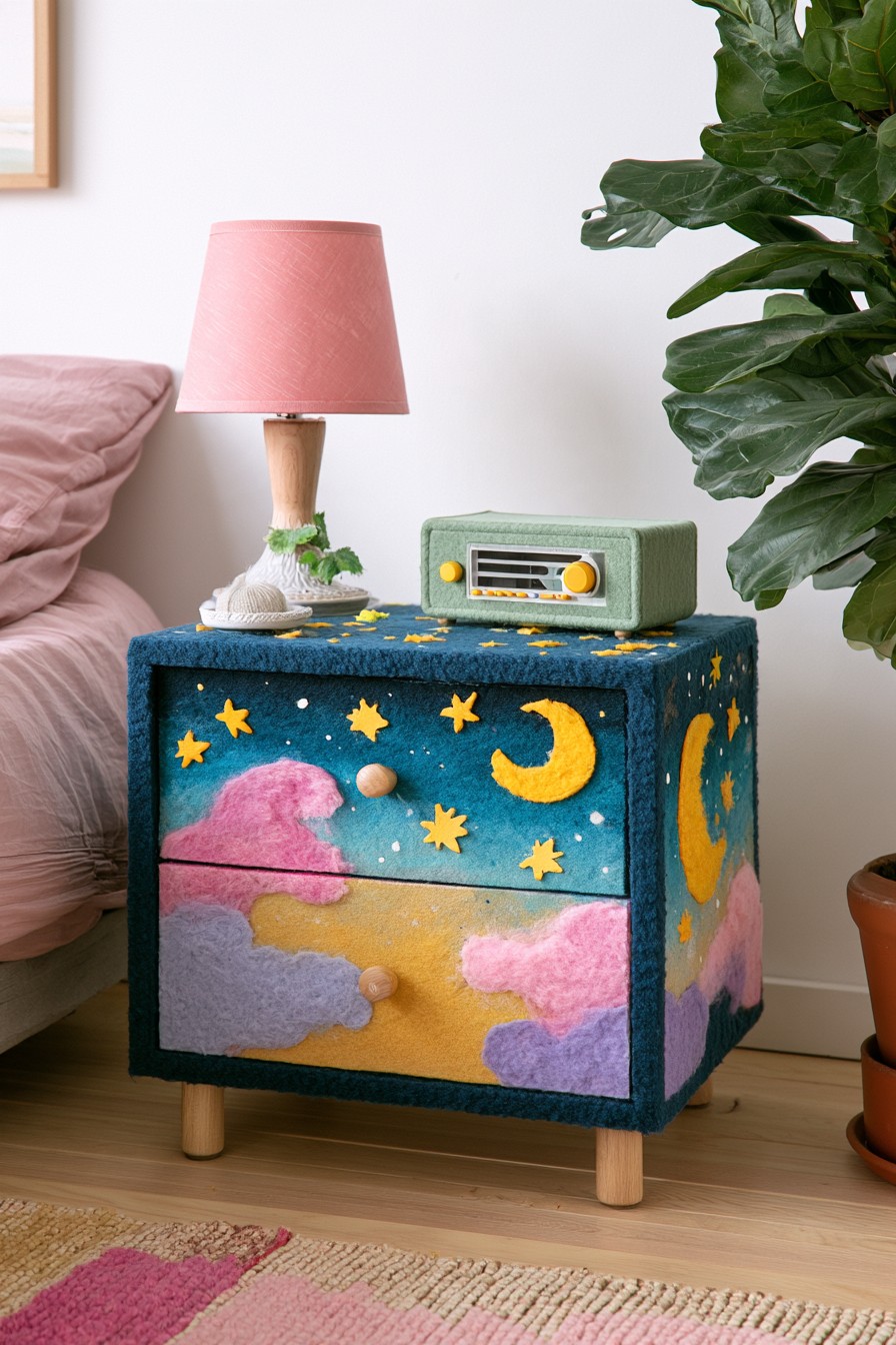 Dark blue nightstand painted with moon stars clouds and pastel celestial details