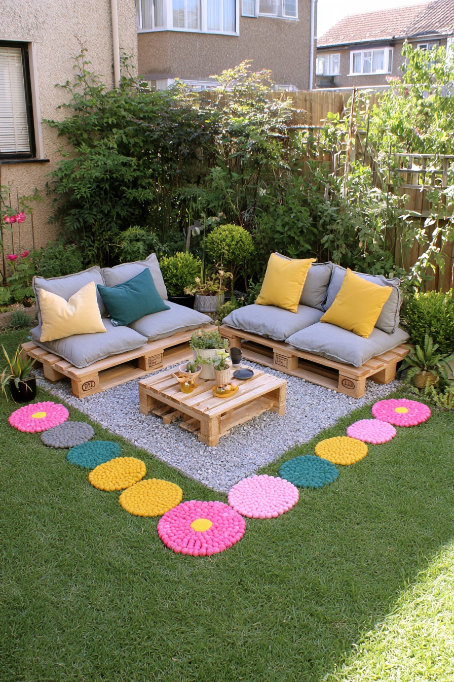 Modular pallet sofas arranged around a central coffee table