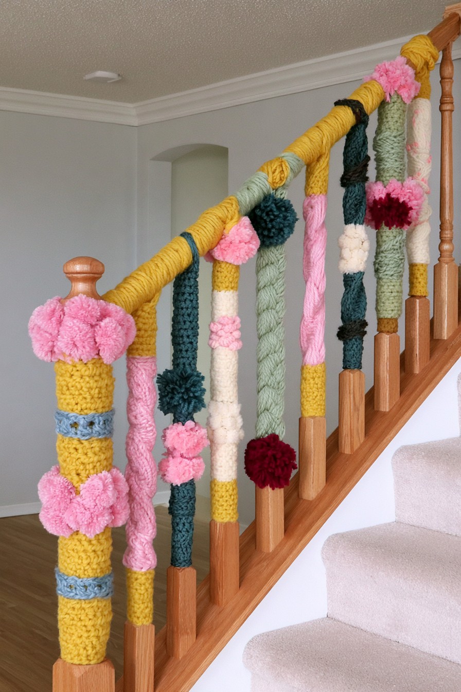 Wooden stair railings decorated with colorful yarn wraps
