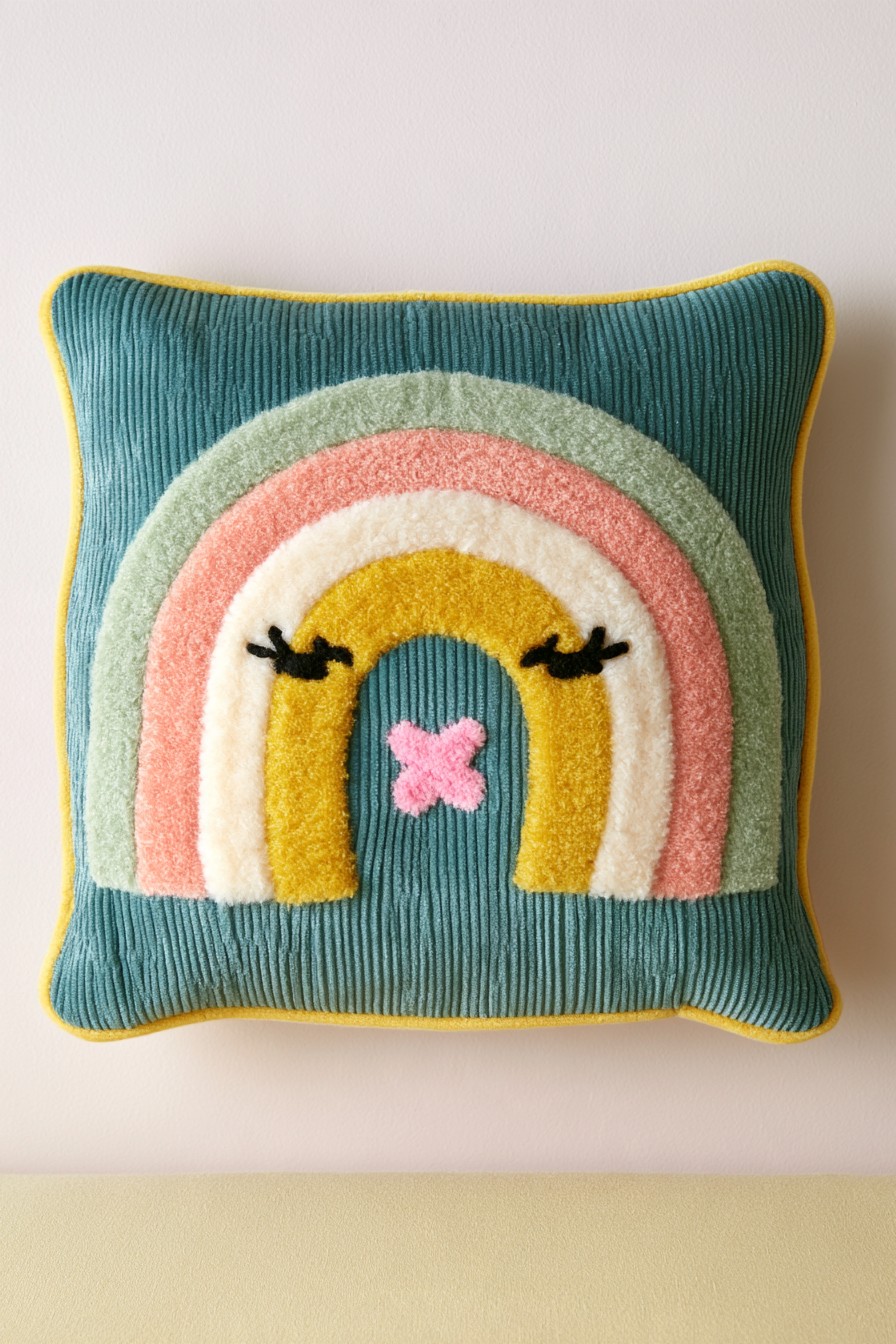 Textured rainbow pillow with colorful raised appliqué bands