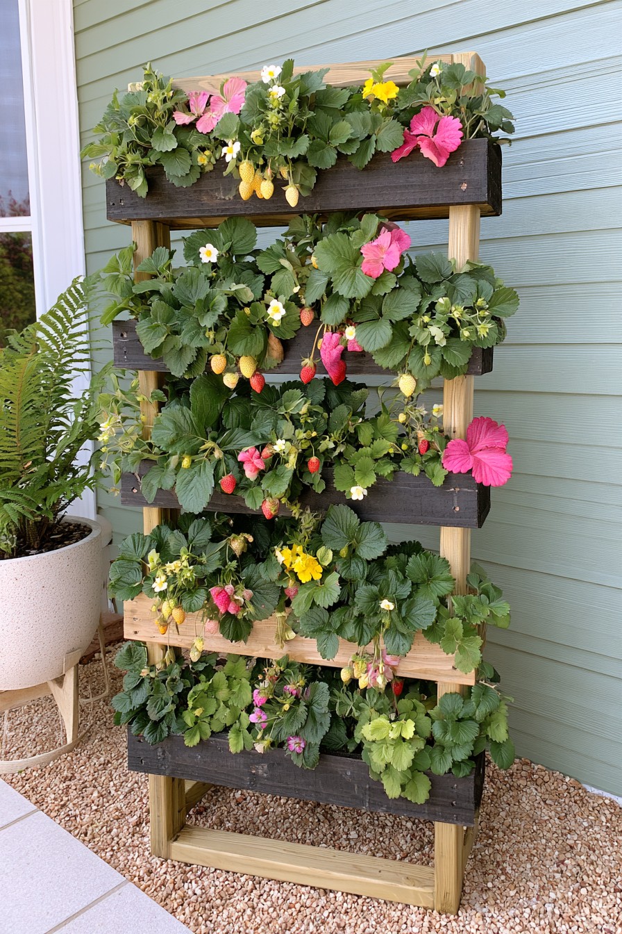 Tiered vertical strawberry planter with accessible planting boxes