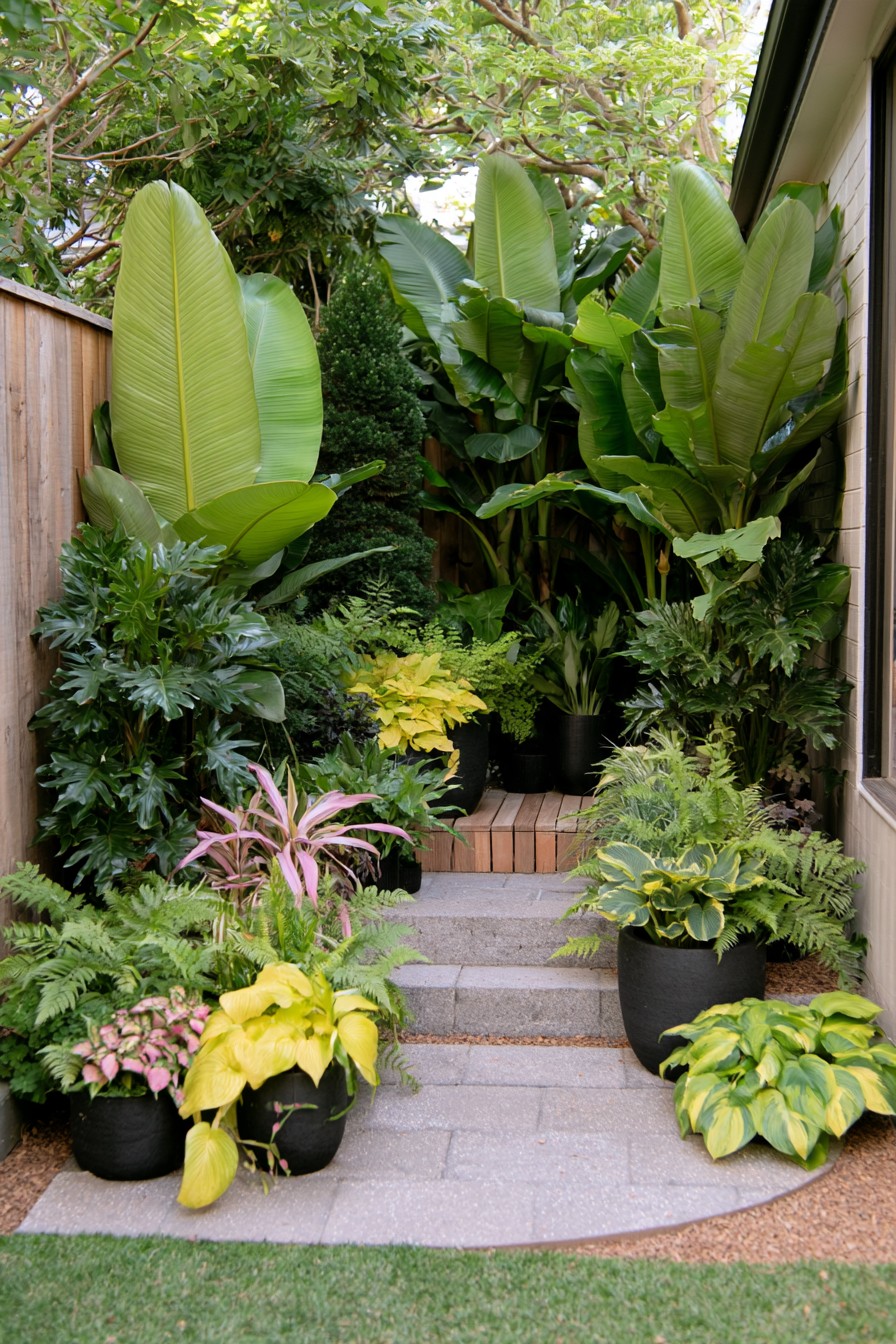 Narrow side yard with tropical foliage and a practical paved path