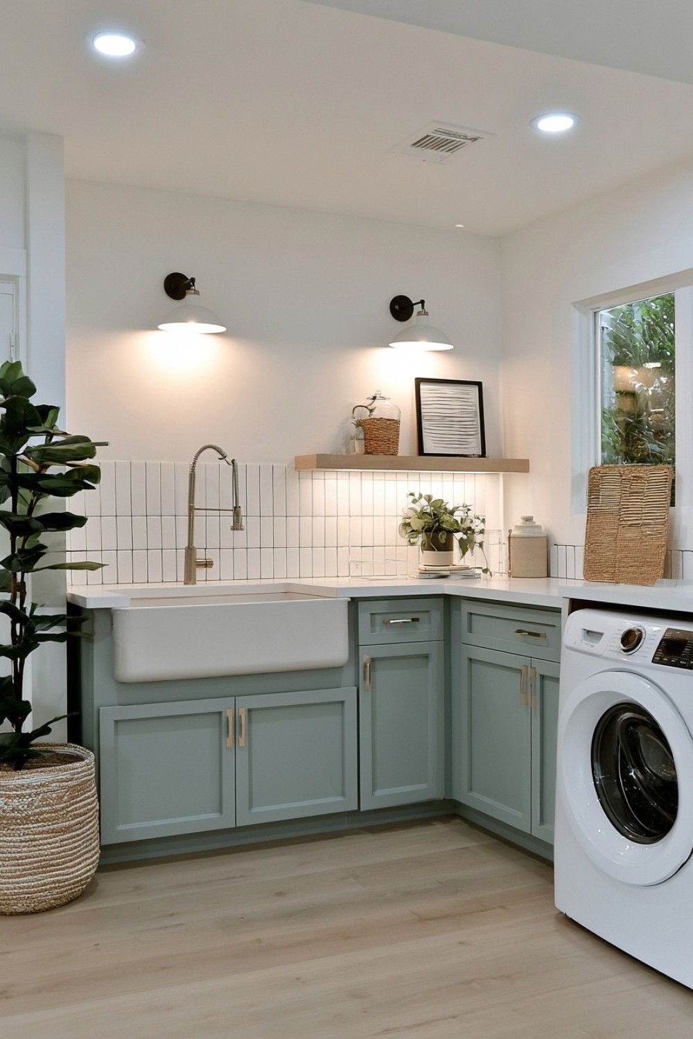 Deep basement laundry sink with a furniture-style cabinet base