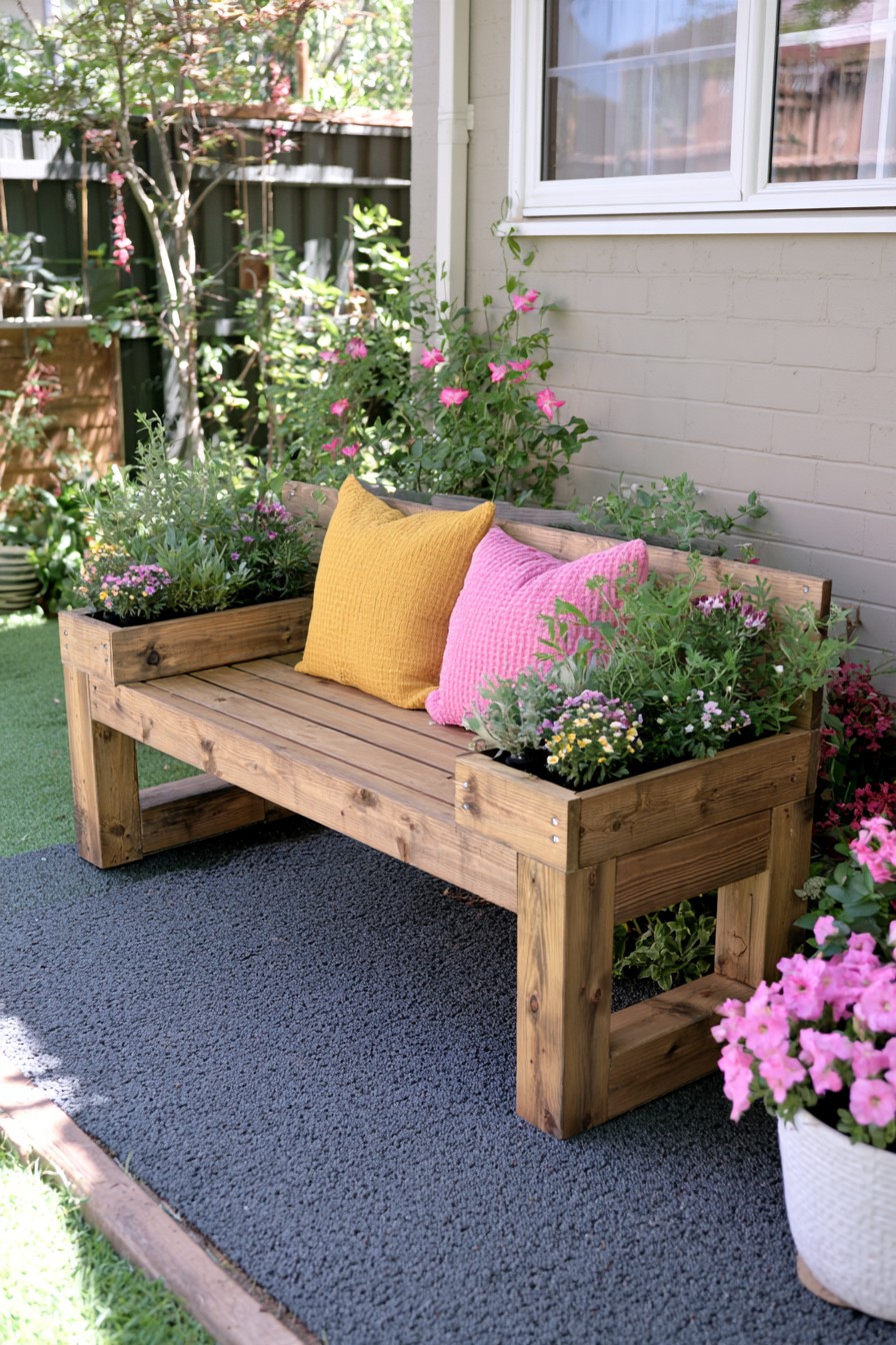Outdoor wooden bench with planters integrated at each end