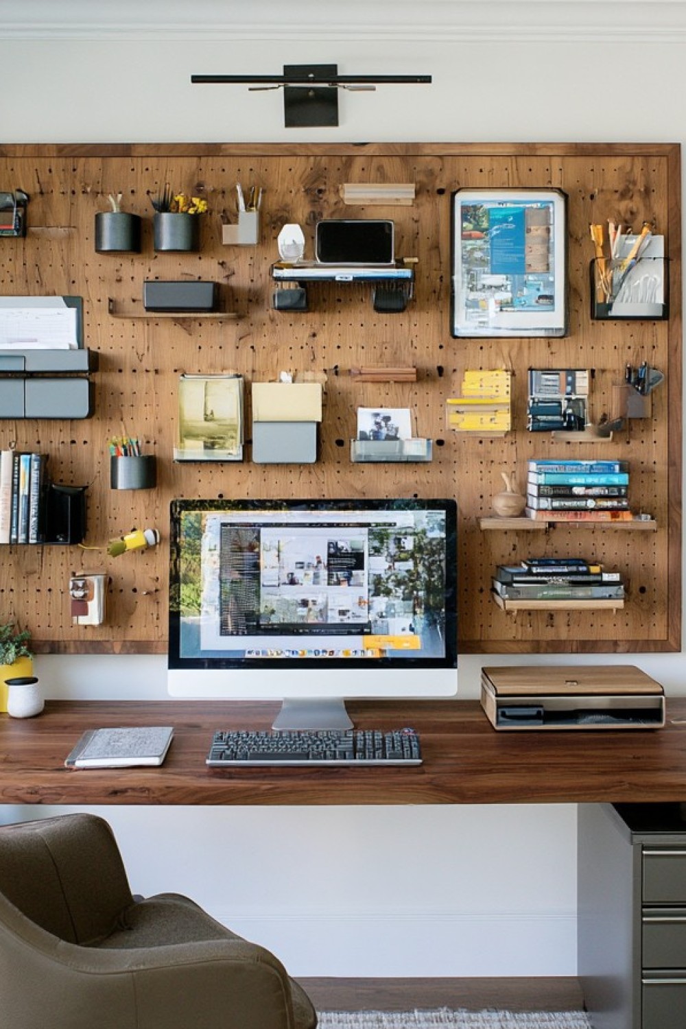 Home office wall storage with adjustable shelves and organized supplies
