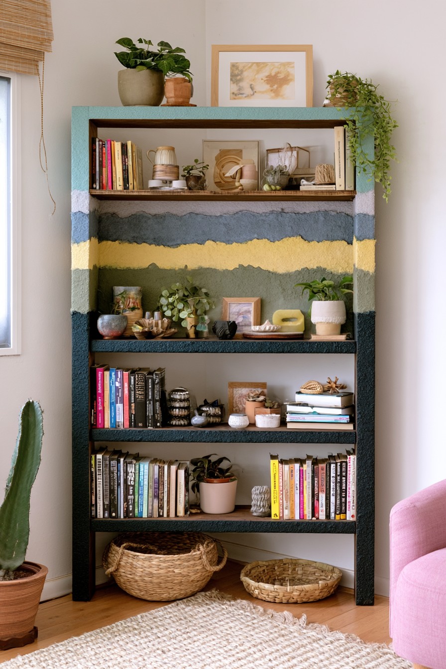 Tall bookshelf with turquoise lavender blue yellow green and teal painted bands