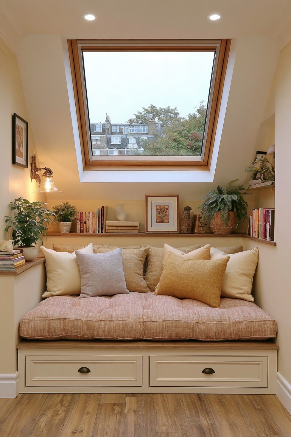 Reclined reading daybed positioned beneath an attic skylight