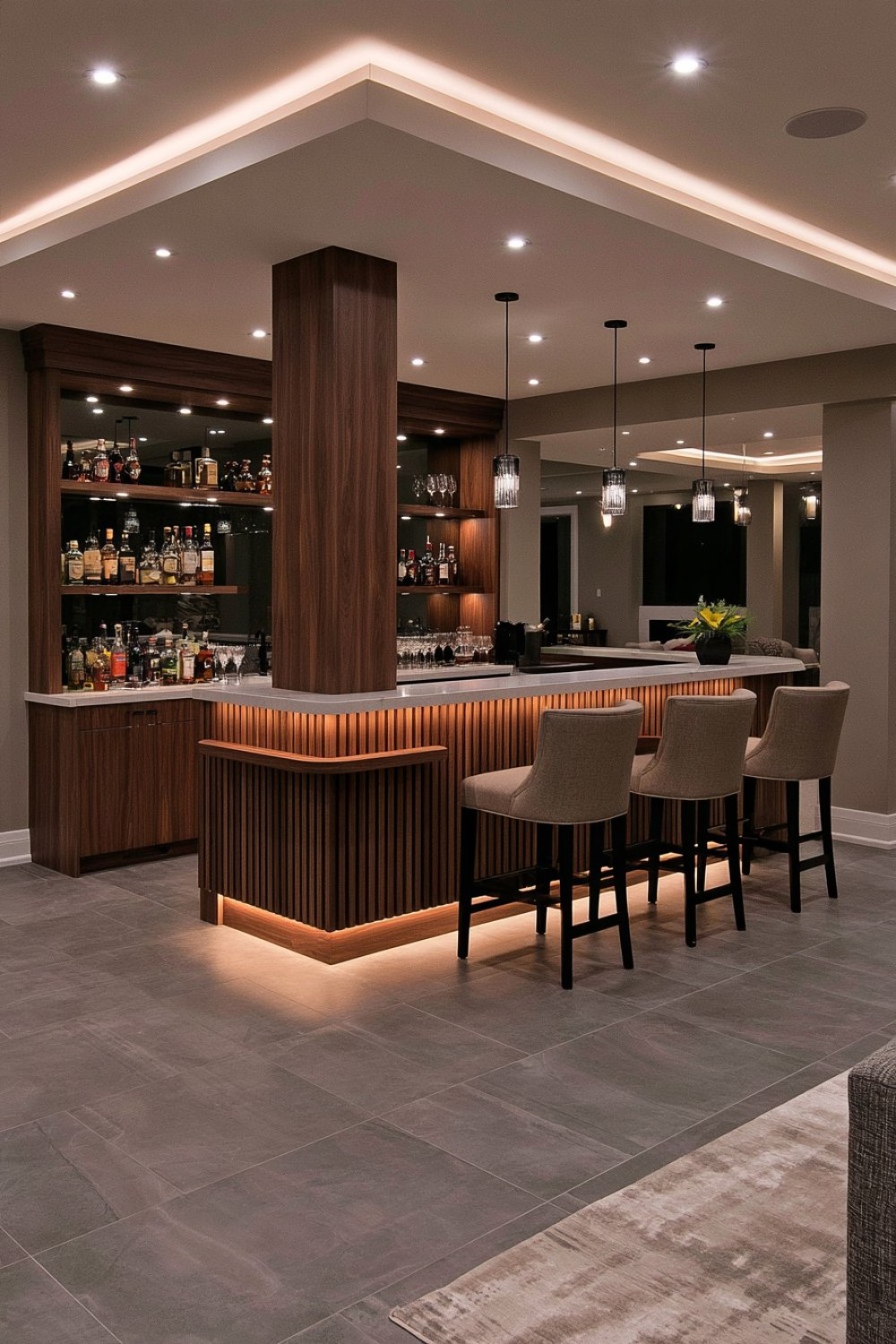 Basement bar designed around an existing structural column