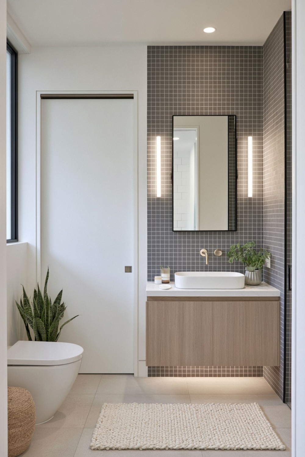 Small bathroom remodeled with a space-saving pocket door