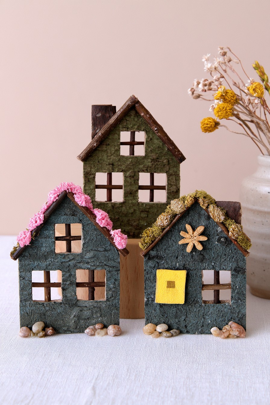 Miniature decorative houses covered with bark and framed with small twigs