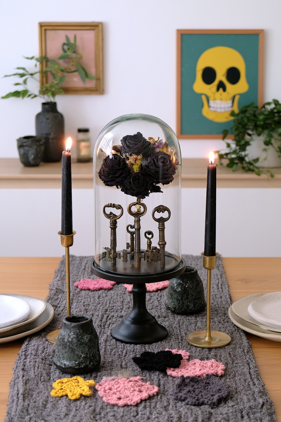 Glass cloche on a black pedestal containing dark roses above upright decorative keys on a dining table