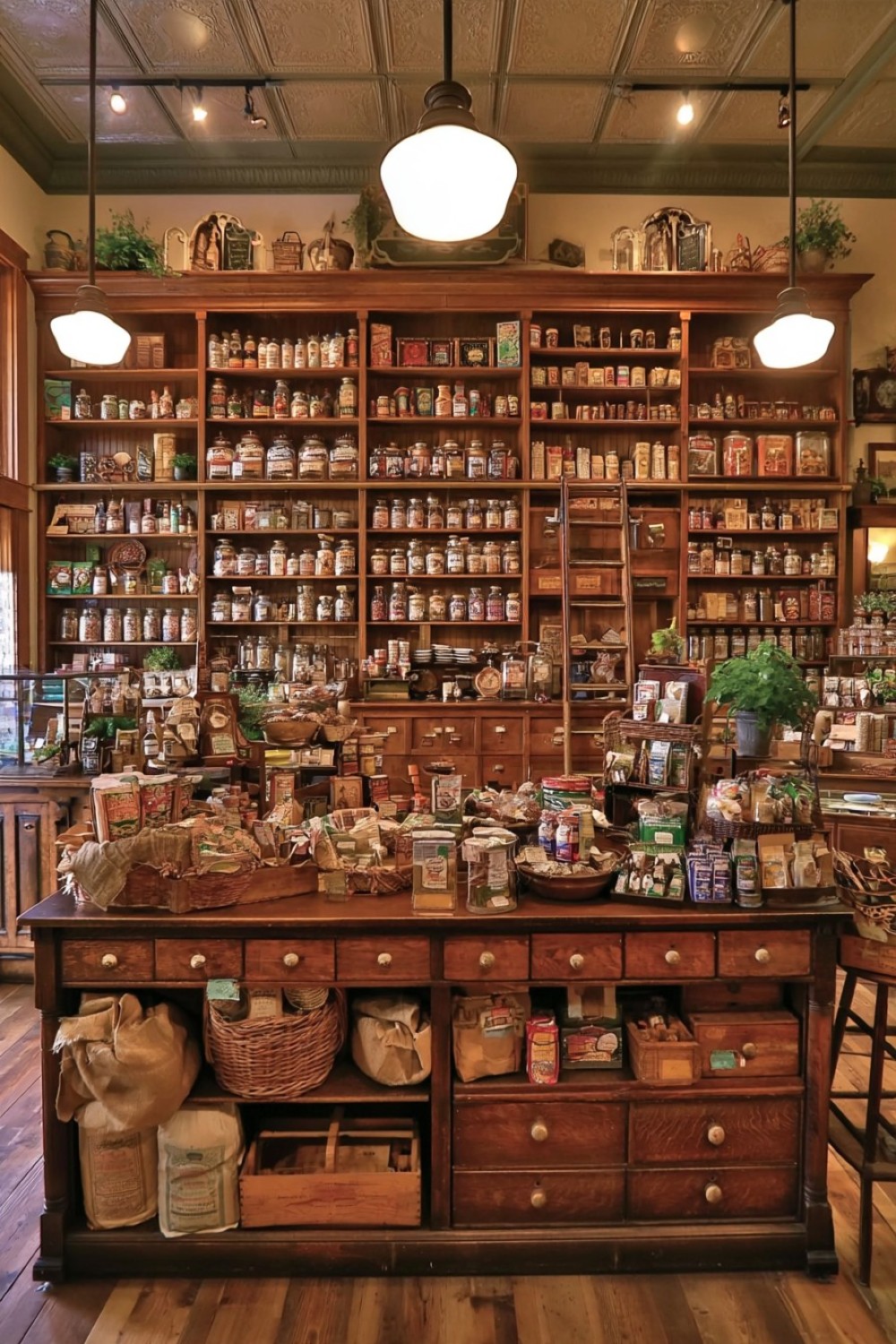 Floor-to-ceiling wooden provision wall in an old-fashioned general store