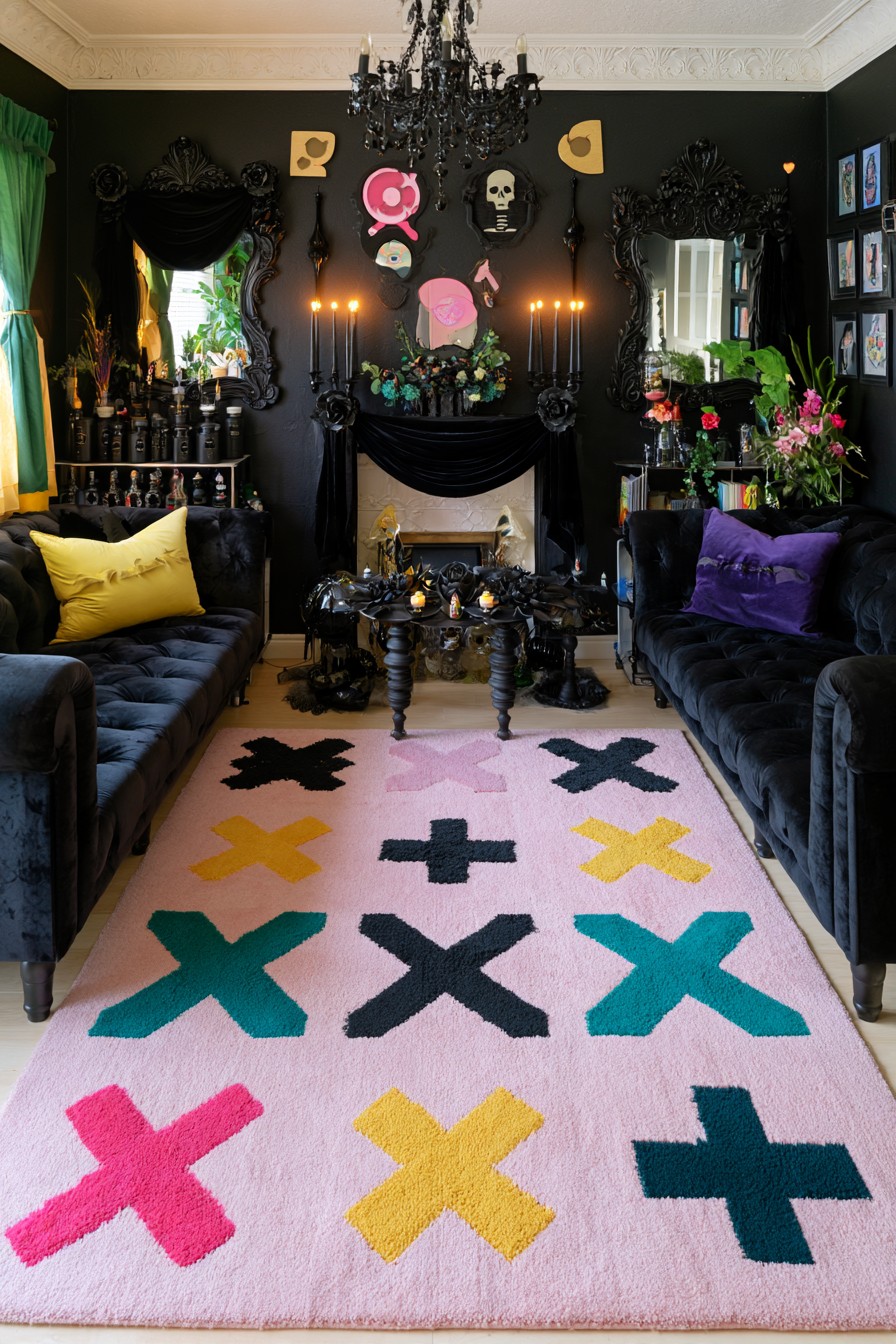 Black velvet living room with ornate mirrors, a pale pink rug with colorful cross shapes, and yellow and purple cushions